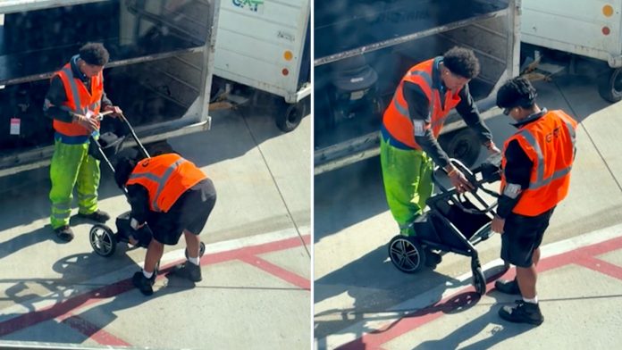 Stubborn stroller sparks chaotic airport showdown with baggage handlers in viral video